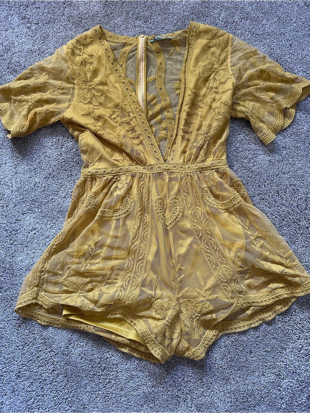 She + Sky Mustard Yellow Lace V-Neck Romper